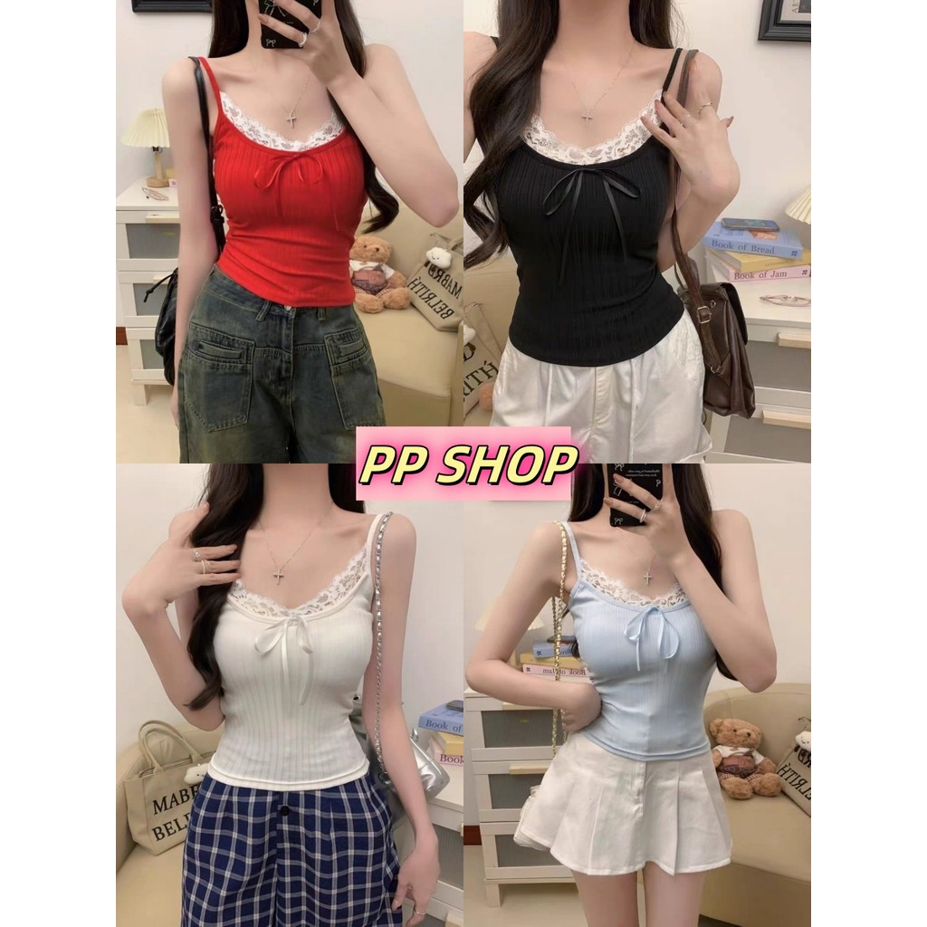 PP Shop​ ​พร้อมส่ง เสื้อสายเดี่ยว แต่งลูกไม้ ผ้ายืด เสื้อครอป ใส่สบาย เข้ารูป สไตล์ลำลอง ผูกโบว์ ผ้านุ่ม ทรงสวย#FY765