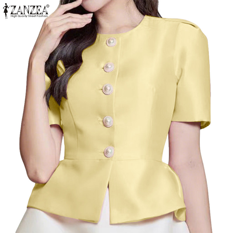 ZANZEA เสื้อเบลาส์ครึ่งแขนคอกลมกระดุมหรูหรา สไตล์เกาหลีสำหรับผู้หญิง