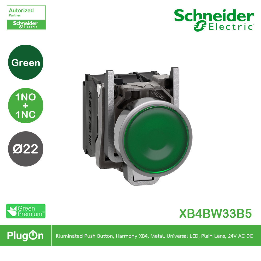 Schneider  - XB4BW33B5 - สวิตช์ปุ่มกดมีไพล็อทแลมป์ แบบ LED หัวเรียบ - กดเด้ง Ø 22 มม. สีเขียว 1 NO +