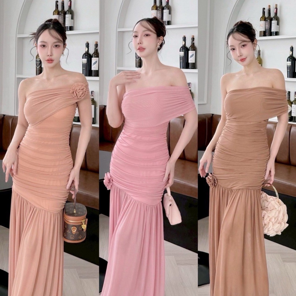 A405 - ชุดเดรสยาวปาดไหล่เฉียงแต่งดอกไม้ เดรสออกงาน ชุดไปงานแต่ง