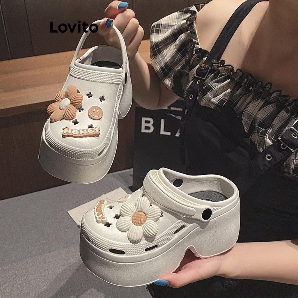 (Trendy) Lovito รองเท้าแตะส้นแบนลําลองธรรมดา 9 ซม. หนาพิเศษ นุ่มนิ่มSole ฤดูร้อน Daisy Show รองเท้าแ