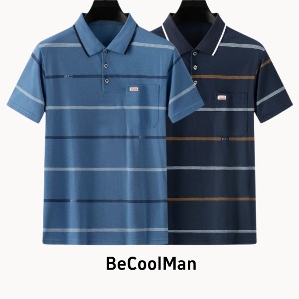 💥 BecoolMan💥 เสื้อโปโลผ้าฝ้ายผู้ชาย  ลายทาง  เสื้อมีกระเป๋า  ลำลอง  คลาสสิกแมทช์ลุคง่าย