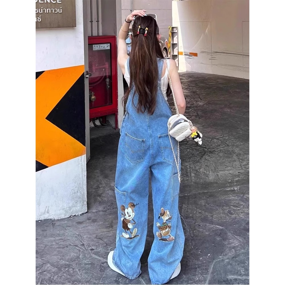 American Retro Cartoon Print Denim Overalls Jumpsuit สำหรับผู้หญิง สไตล์ขี้เกียจ ทรงกว้าง พกพาได้ทุกโอกาส