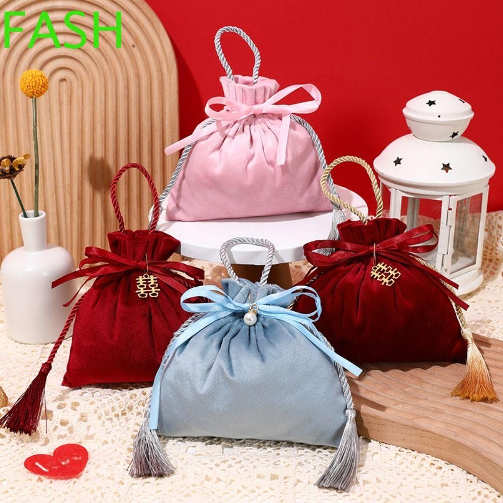 Fash ถุงขนมเชือกรูด, ถุงของขวัญผ้าสักหลาดจีนโบราณ, กํามะหยี่สีแดงไวน์สร้างสรรค์ประณีตกระเป๋าของขวัญแต่งงานแขก