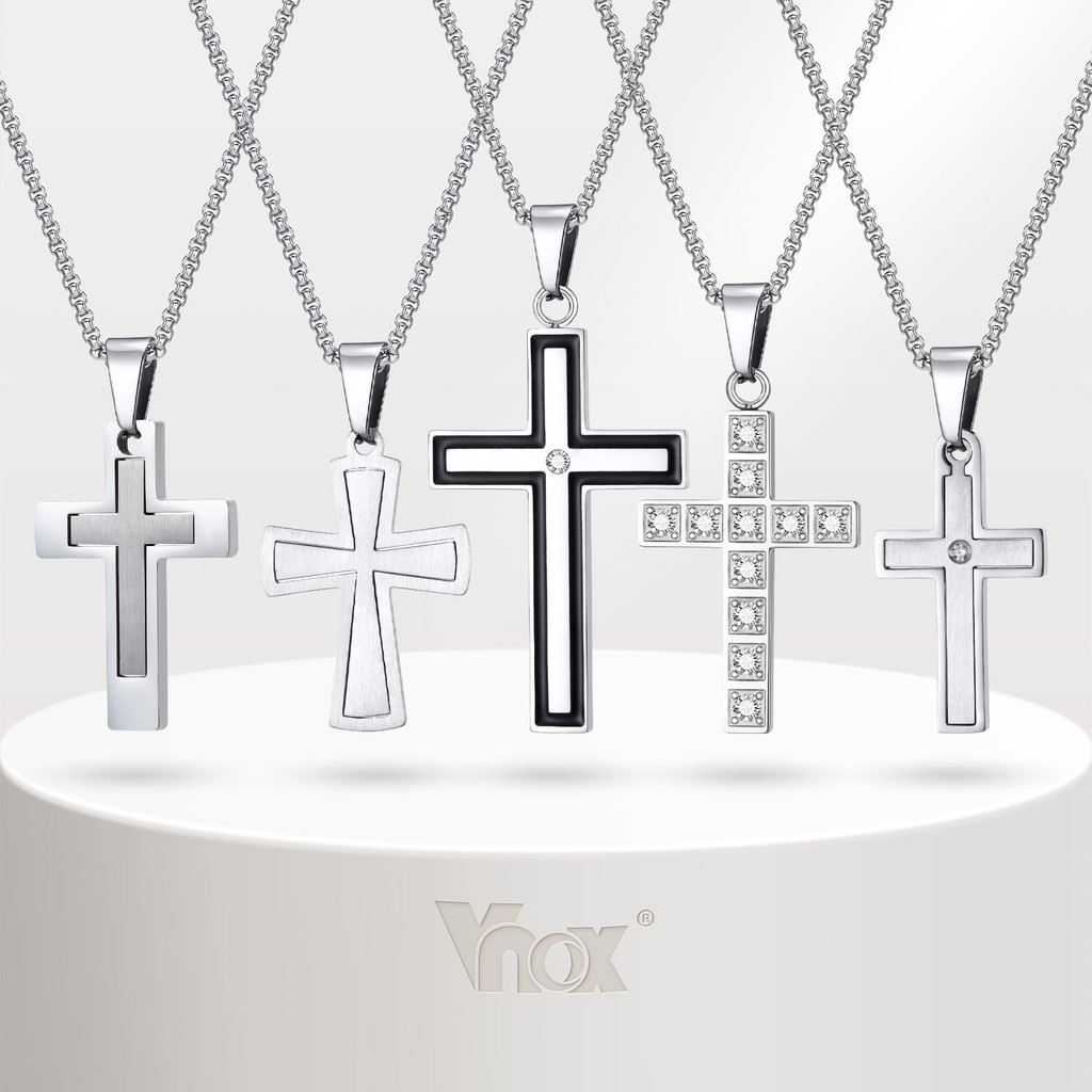 VNOX วีน็อกซ์ ข้ามสร้อยคอสแตนเลสสําหรับผู้ชายเด็กผู้ชาย,แฟชั่นคลาสสิกเงาเพทายจี้โซ่,ของขวัญพรรคศาสนา