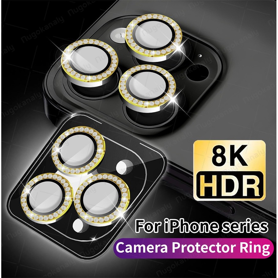 เพชรโลหะกล้องเลนส์แหวนกระจกนิรภัยฟิล์มป้องกัน สําหรับ iPhone 16 15 14 13 12 11 Pro Max
