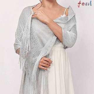 Fenl เดรสผ้าคลุมไหล่, ผ้าพันคอกันแดดสีเงินสีทอง, พู่ฤดูร้อนอ…