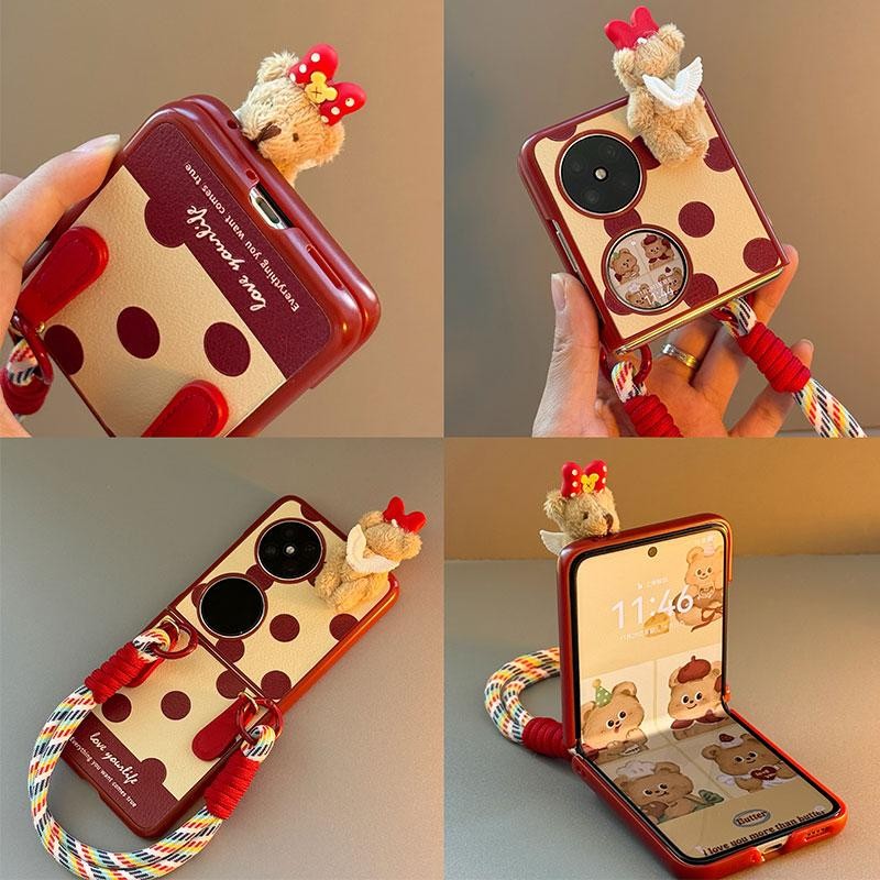 Lushuo เคสโทรศัพท์สําหรับ Samsung Galaxy Z Flip 6 5 4 3 OPPO ค้นหา N2 Flip N3 Flip น่ารักการ์ตูนหนังปกหลังพร้อมสายคล้องมือสําหรับ Flip3 Flip4 Flip5 Flip6 N2Flip N3Flip