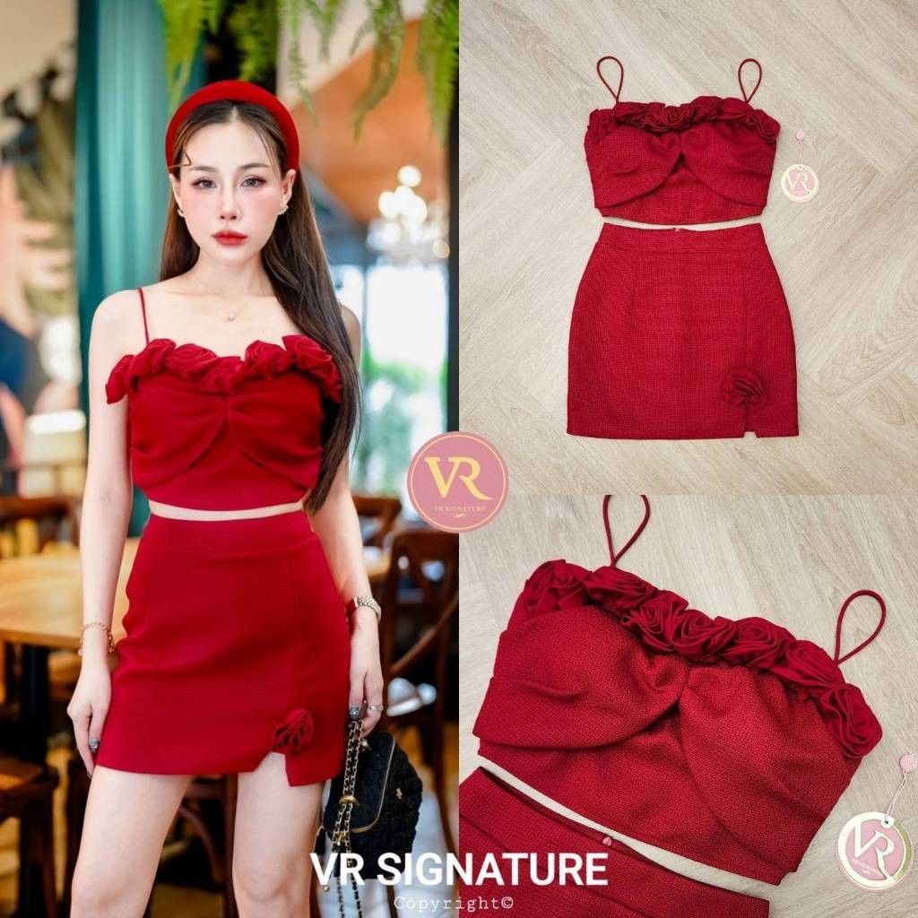 PD (พร้อมส่ง) Vr75  Set เสื้อสายเดี่ยวตัวสั้น จับจีบช่วงอก แต่งดอกไม้เรียงช่วงอก อกมีฟองน้ำ  PD.shop