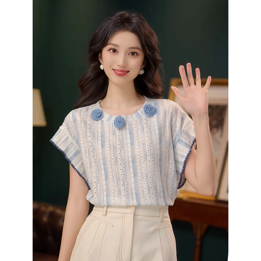 เสื้อแขนสั้นลายดอกไม้ สไตล์เกาหลี สำหรับสุภาพสตรี ไซส์ S-XL