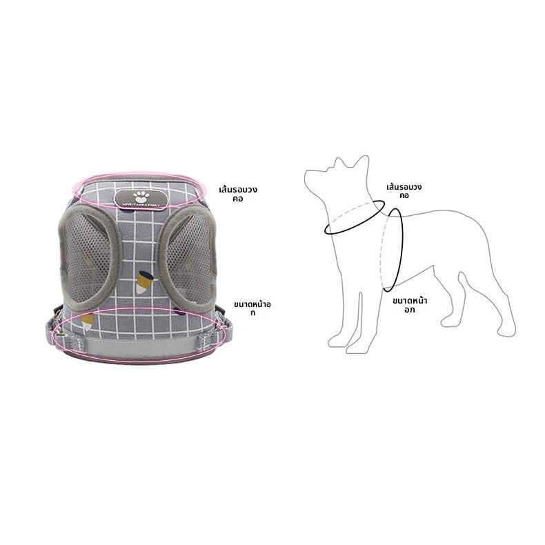 ชุดสายจูง+สายรัดอกสุนัขแมว ลายสก๊อต สุดคุ้ม! ระบายอากาศดี โอบกระชับไม่คัดคอ สำหรับขนาดเล็ก - รูปที่ 2