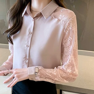 เสื้อเชิ้ตแขนยาว ลูกไม้ ผ้าชีฟอง ดีไซน์แฟชั่น