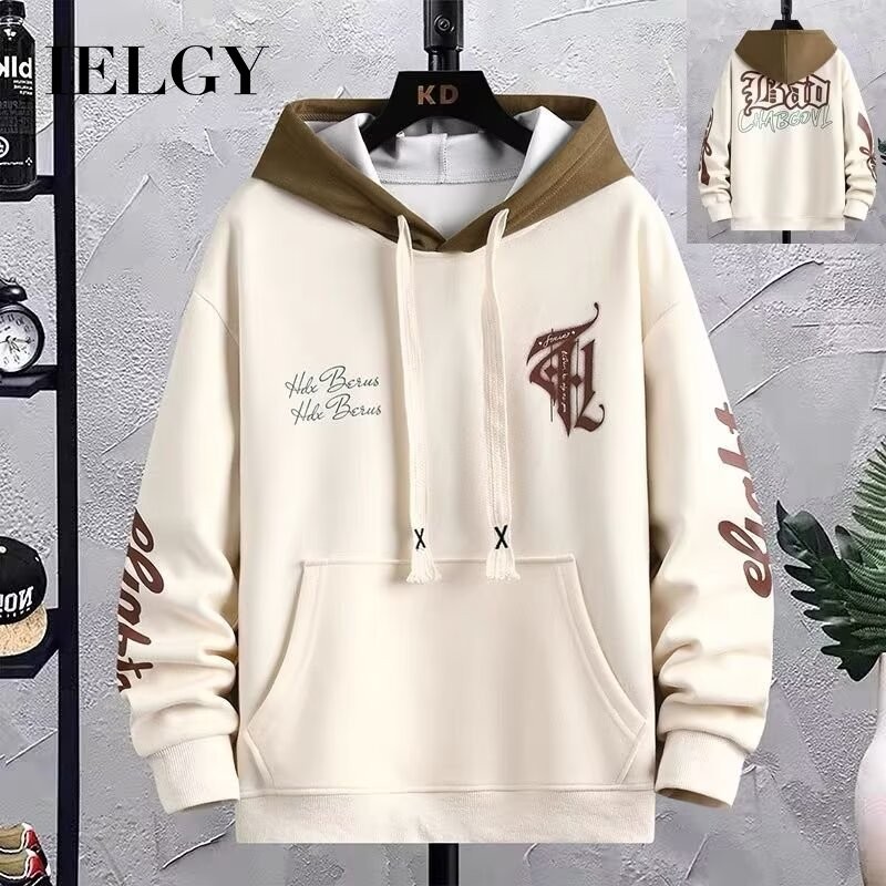 IELGY คลุมด้วยผ้าเหงื่อผู้ชายฤดูใบไม้ผลิและฤดูใบไม้ร่วงพิมพ์เย็บหลวมสบายๆแขนยาว