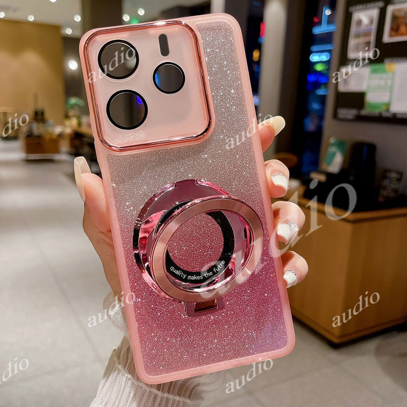 Redmi Note 14 4G 5G CD รูปแบบ Glitter Magnetic Bracket เคสโทรศัพท์สําหรับ Redmi Note 14 Pro Pro+ 14Pro 14Pro+ 5G 4G 2025 เต็มเลนส์กล้องป้องกันฟิล์ม Glitter ฝาครอบแหวนนิ้ววงเล็บ Redmi Note14 Pro Pro+ 5G 4G