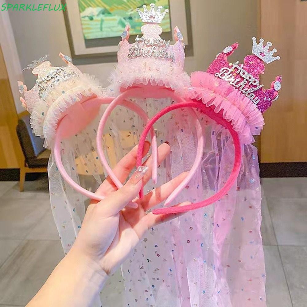Sparkleflux วันเกิด Hairband Photo Props Party Props น่ารักสุขสันต์วันเกิดมงกุฎตาข่ายเลื่อม Headwear ผมจัดแต่งทรงผมสาวผม Hoop