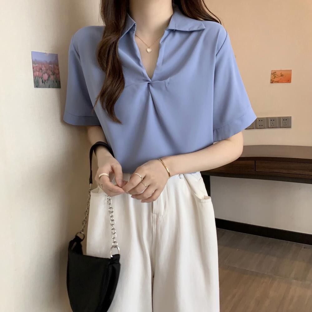 Floerns เสื้อเชิ้ตแฟชั่นผู้หญิง ผ้าไหมอิตาลี ไม่มีปุ่มที่ด้านหน้า