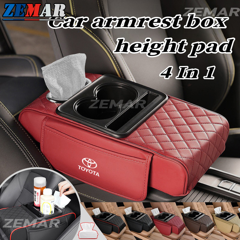 4 in 1 Toyota รถที่เท้าแขน เบาะ ฟองน้ําหนาคอนโซลกลางกล่องที่เท้าแขน เบาะ ข้อศอกสนับสนุน เบาะ ถ้วยผู้ถือถุงเก็บ Toyota Prius Fortuner Corolla Cross CHR Camry Wish Vios Veloz Estima Sienta Yaris Ativ Altis Hilux Revo bZ4X Hiace