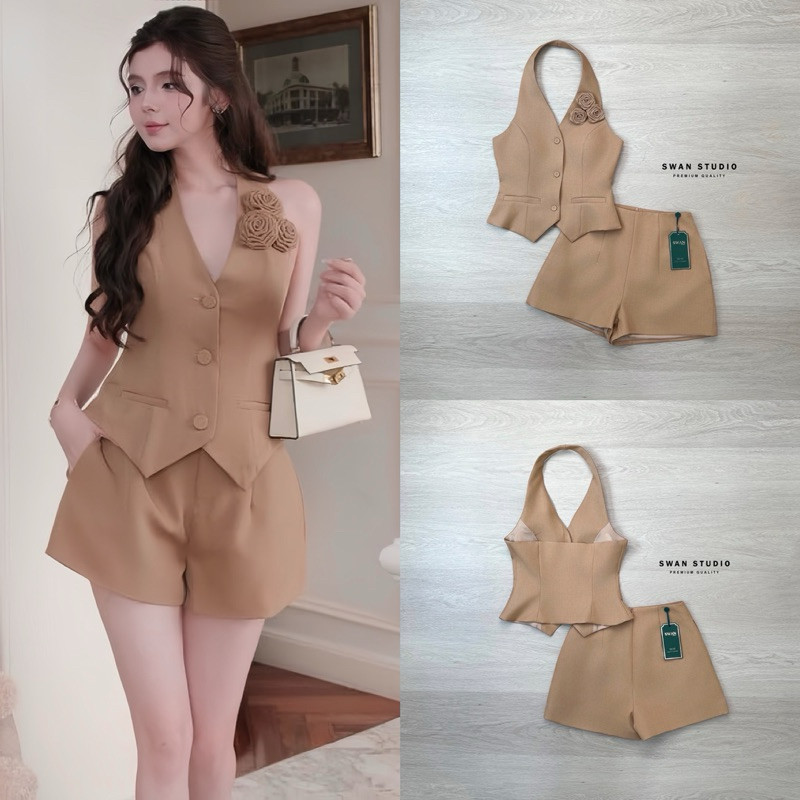 Cr. (xs-l) (พร้อมส่ง) Swan174 เซทเสื้อคล้องคอสีน้ำตาล มีเข็มกลัดดอกไม้ 3 อัน + กางเกง งานป้าย Swan  