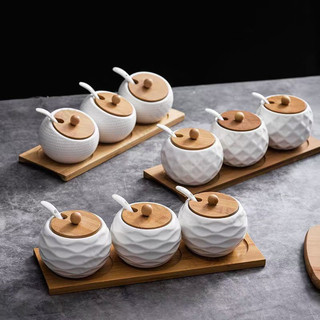 Toples Penyimpanan Bumbu Dapur, Set Toples Bumbu Dapur Keramik Combo Jar, Set 3 Buah 3 Toples + 1 Wadah Kayu Cantik