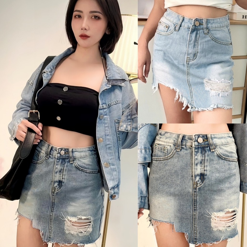Suysuy พร้อมส่ง กระโปรงยีนส์ สั้น ทรงเอ สำหรับผู้หญิง สไตล์เกาหลี แต่งขาดแหวก 1 ข้าง ดีไซน์ปลายขาดรุ่ย ทรงสวยมาก