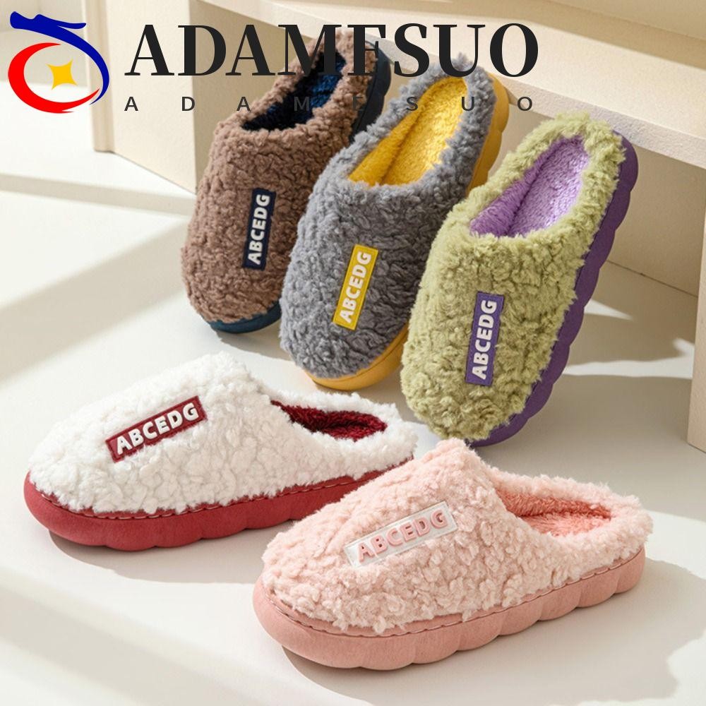 Adamesuo Plush รองเท้าแตะอุ่น, Patchwork Ins Letter ฤดูหนาวรองเท้าแตะในร่ม,แฟชั่นลื่น Fluffy Thicken นุ่มรองเท้าแตะในร่ม