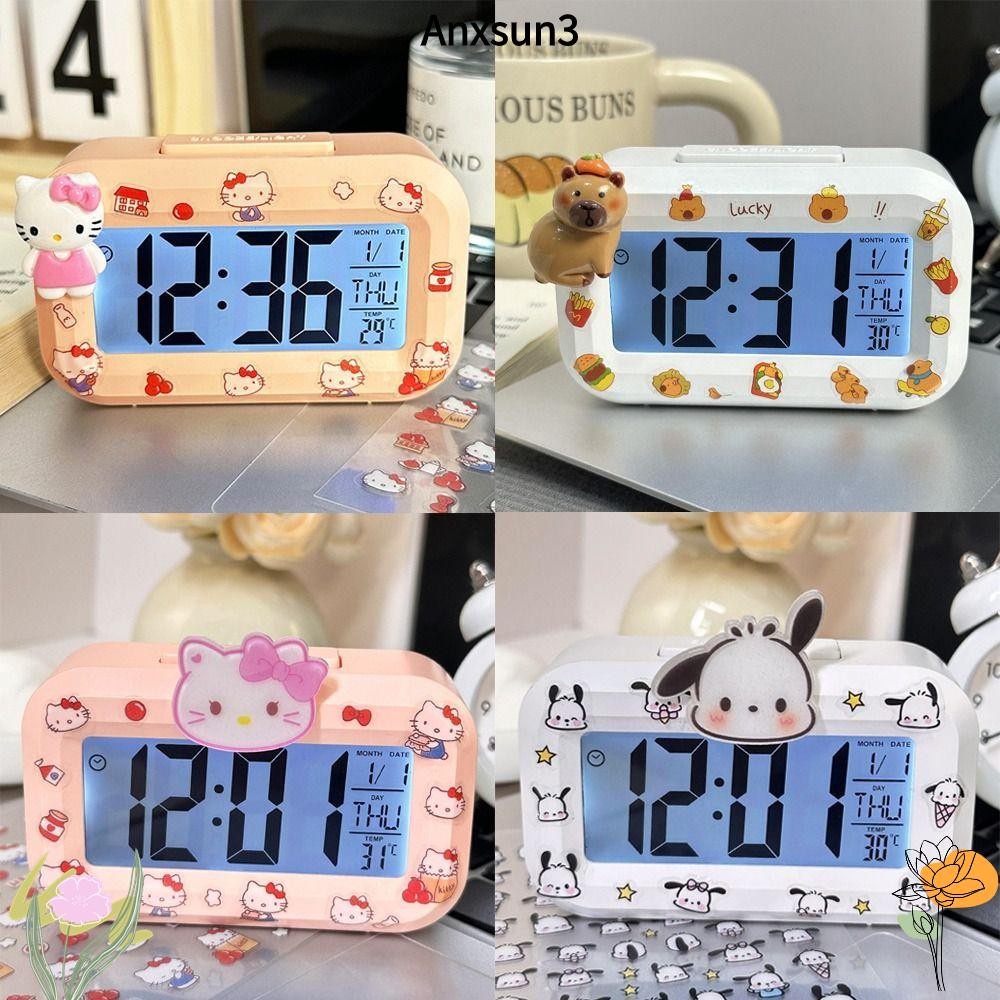Anxsun3 นาฬิกาดิจิตอล LED,พร้อมไฟกลางคืน Sanrio Hello Kitty Alarm นาฬิกาปลุกการ์ตูน, Mini Multi-function น่ารักนาฬิกาตั้งโต๊ะหอพักนักเรียน