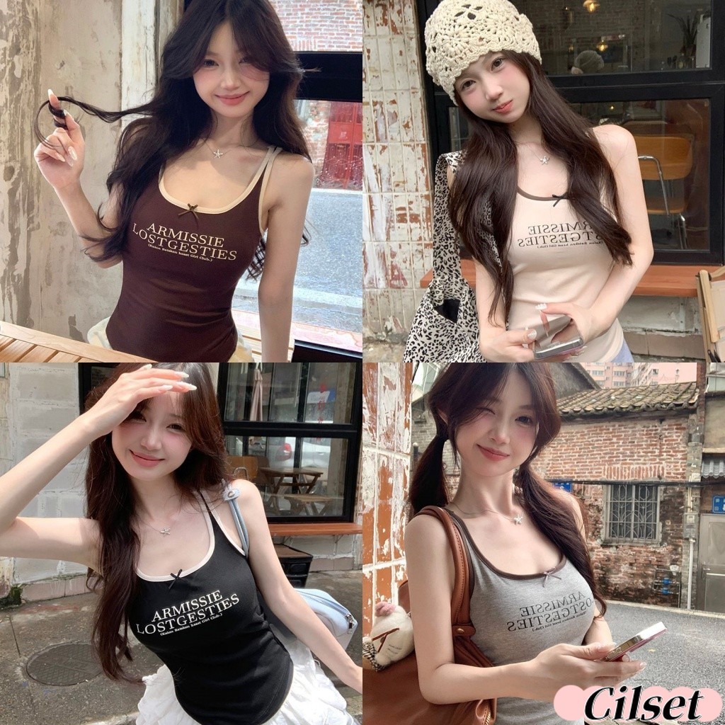 Cilset🎀พร้อมส่ง🎀เสื้อกล้าม เสื้อผ้าผู้หญิง คอกลม มีฟองน้ำ ดีเทลสกีนตัวอักษร สีพื้นง่ายๆ เกาหลีน่ารัก"FY746-P"