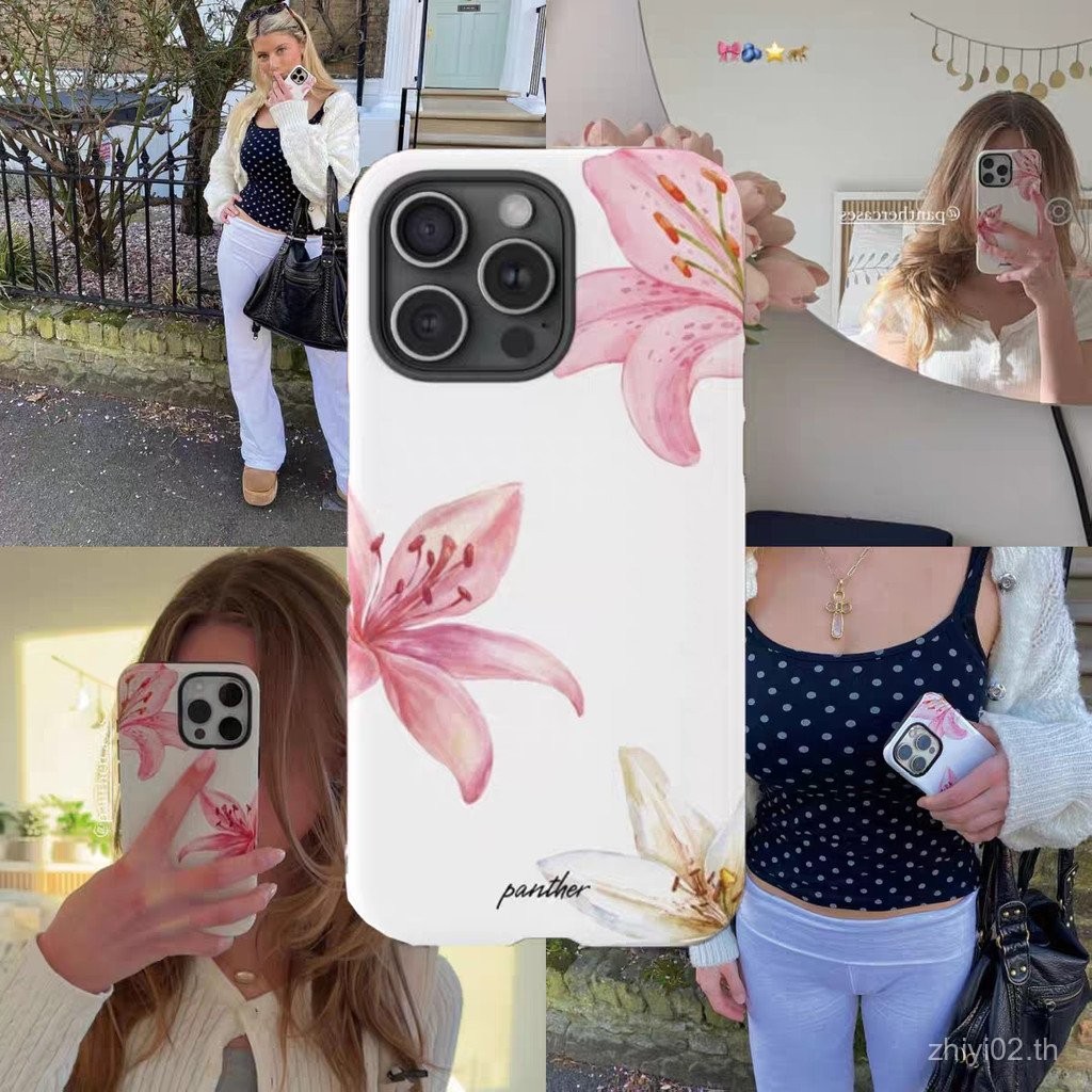 สีชมพูสีขาว Magnolia เคสโทรศัพท์สองชั้นเหมาะสําหรับ iPhone 12promax 13promax 11 12 13 14 15 16 promax xs xr 8plus 11promax 14plus กันกระแทก Frosted Hard Case