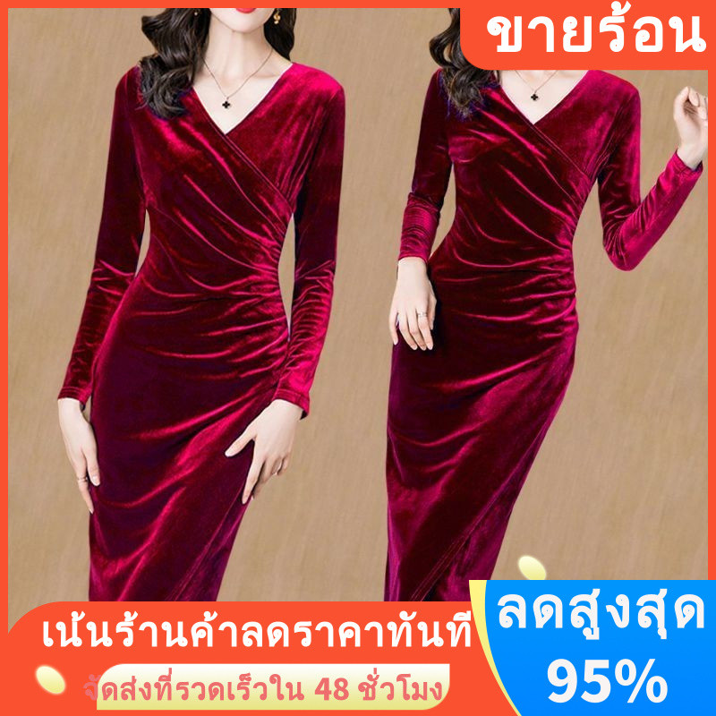 ข้อเสนอพิเศษชุดเดรสกำมะหยี่สีทองบางอารมณ์ฤดูใบไม้ผลิและฤดูใบไม้ร่วงระดับไฮเอนด์แขนยาวปกปิดเอวลดอายุชุดเดรสตัวในแยก