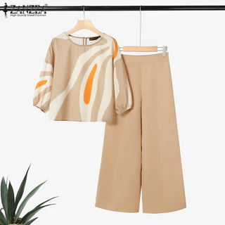 ZANZEA ใส่ ซานเซีย ผู้หญิงเกาหลีสบายๆ โอ คอโคมไฟแขนพิมพ์เรขาคณิตเสื้อ + กลับเอวยืดหยุ่นสีทึบกางเกงขากว้างไม่มีกระเป๋าสูท