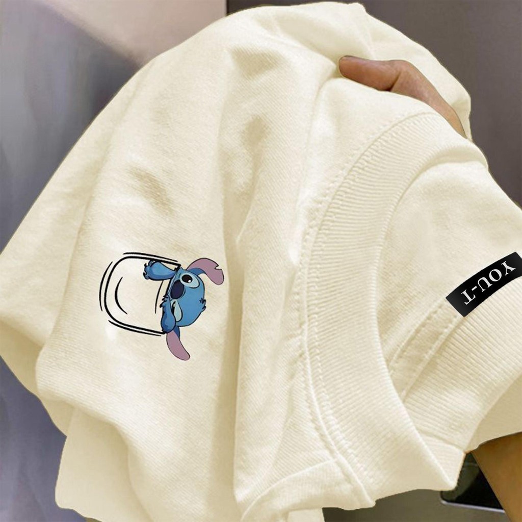 Teddy Tee😴เสื้อยืดสาวอวบ ไม่หดตัว ลาย”STITCH sleep” ผ้าฝ้าย100% OVERSIZE เสื้อยืดผู้หญิง สวมใส่สบาย พรางหุ่น สไตล์เกาหลี