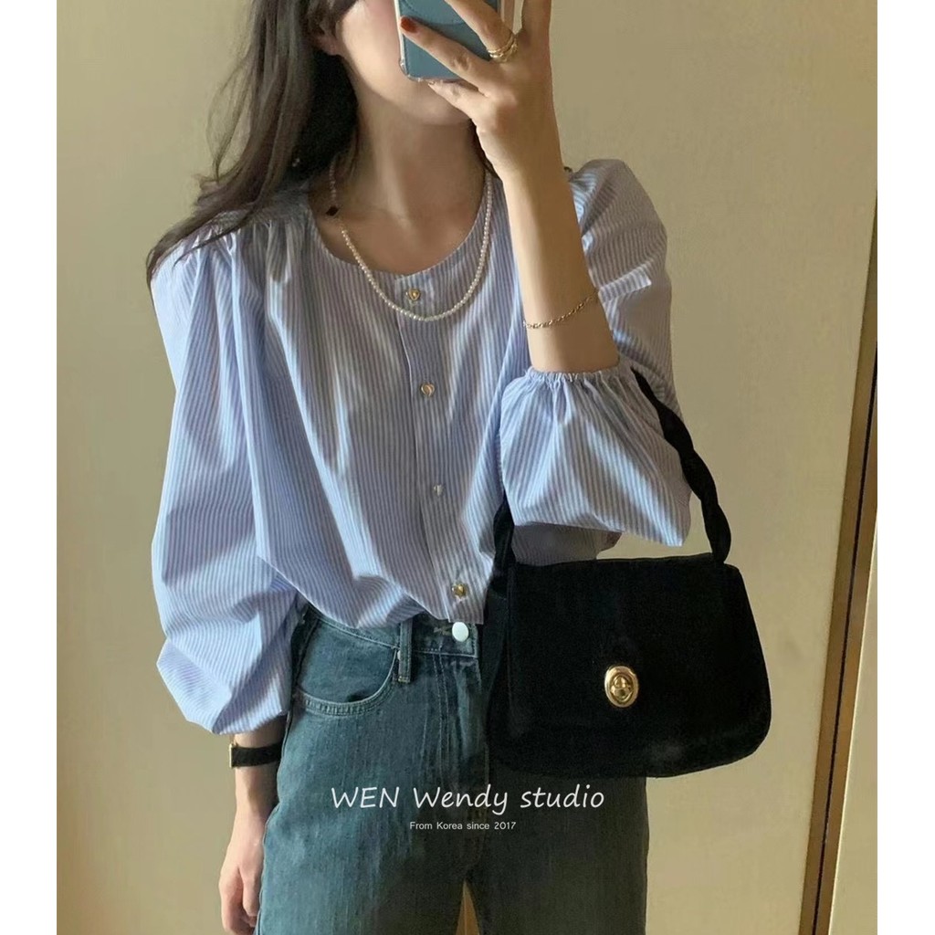 เสื้อเชิ้ตแขนยาวลายแนวตั้งหัวใจเก๋ๆ Happy Me Knit Me 8I3A