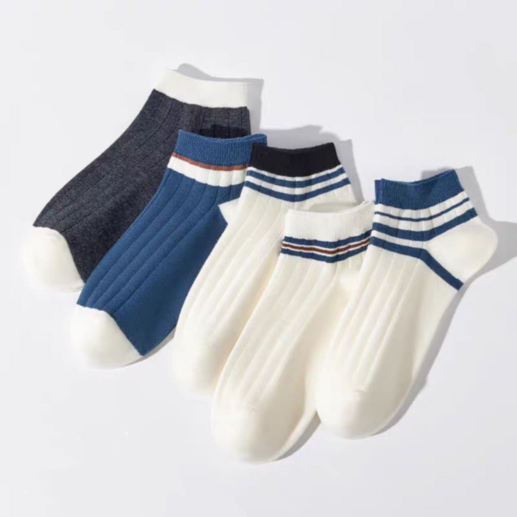 SY SHOP899 ถุงเท้าผู้ชายข้อสั้น ถุงเท้าแฟชั่นเกาหลี (5ลาย/10คู่) เนื้อผ้านุ่มงานถักอย่างดี ใส่สบาย NO.B140/ขีดน้ำเงิน