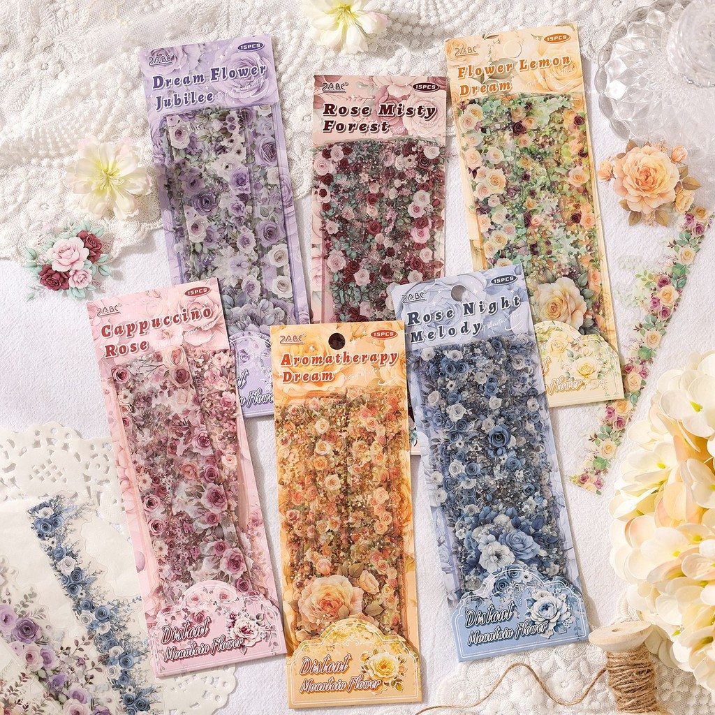 Journamm 15 ชิ้น PET ดอกไม้กรอบสติกเกอร์วารสารสมุดภาพสติกเกอร์สําหรับ Scrapbooking Journaling การ์ดทํา Planner สติกเกอร์