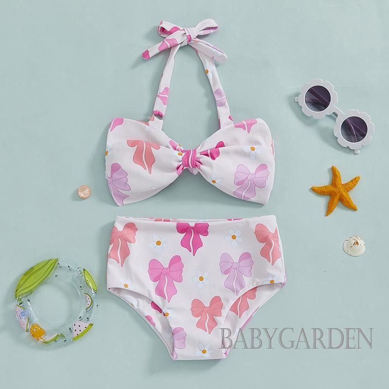 //-1-6ปี เด็กเด็กสาว2ชิ้นชุดว่ายน้ําฤดูร้อนโบว์พิมพ์ ชม. เปลี่ยนแปลง คอบิกินี่ท็อปส์และกางเกงขาสั้นยืดหยุ่นชุดว่ายน้ํา - รูปที่ 5