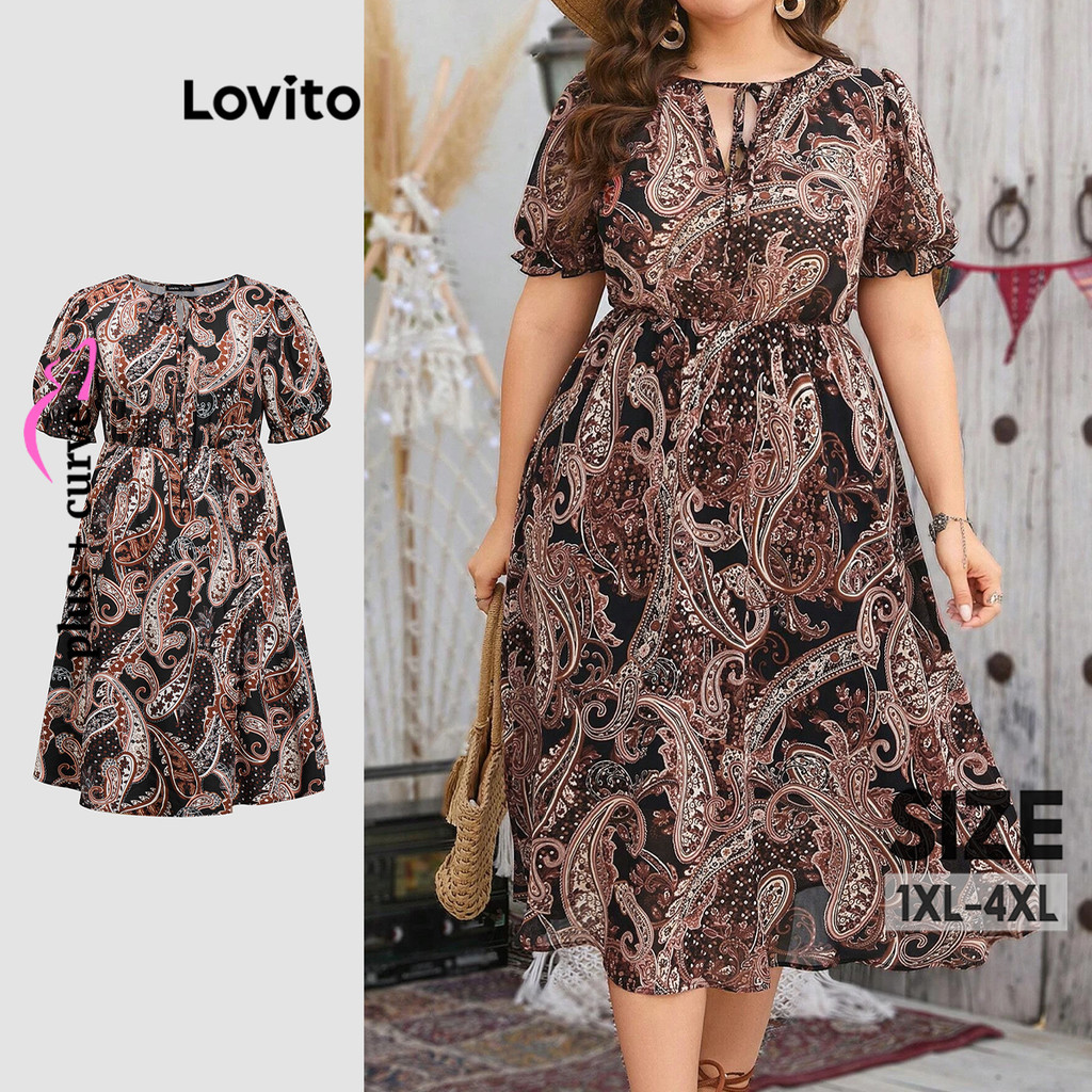 Lovito ชุดเดรสสาวอวบ ลายเผ่า ลำลอง LBL18321
