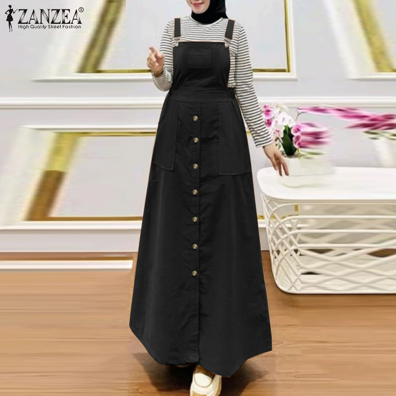 ZANZEA ใส่ ซานเซีย ผู้หญิงมุสลิมแฟชั่นวันหยุดสบายๆกระเป๋าชุดเดรสสายเดี่ยว