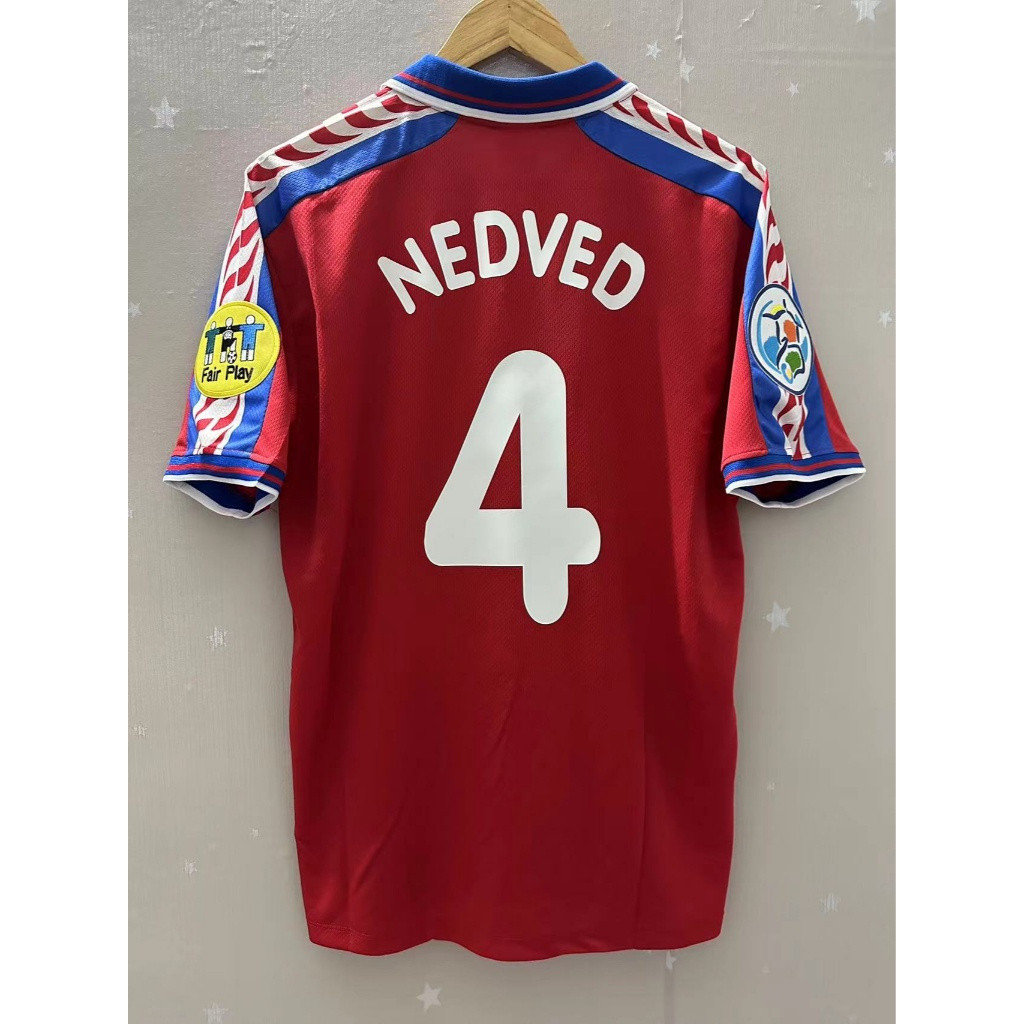 1996 ภาษาเช็คคํา NEDVED Poborsky Retro ลูกฟุตบอลคุณภาพบ้านที่กําหนดเอง TShirt QZMD