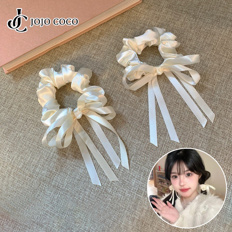 Jojo COCO 1 ชิ้นสีขาวบริสุทธิ์ซี่โครงโบว์ผูกผมเชือกยาง Scrunchies หางม้าอุปกรณ์เสริมผม