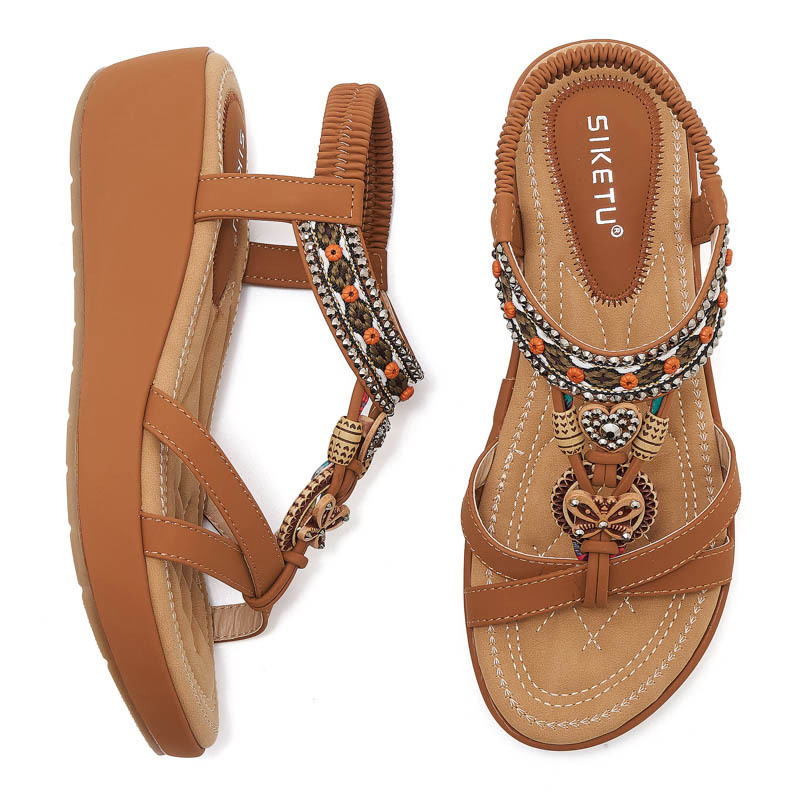 ขนาดใหญ่สไตล์ใหม่ Bohemian Rhinestone Wedge รองเท้าแตะลูกปัด Casual All-Match รองเท้าแตะชายหาดขนาดใหญ่ Wedge รองเท้าผู้หญิง