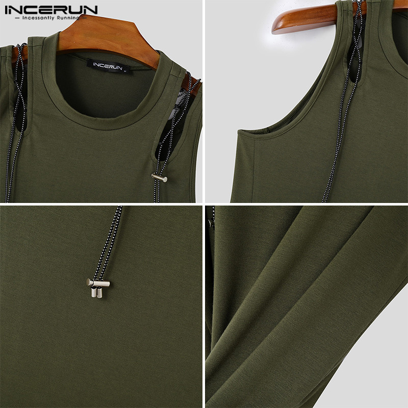 Incerun ผู้ชายเกาหลีแฟชั่น Scooped Patchwork ออกแบบเสื้อแขนกุด