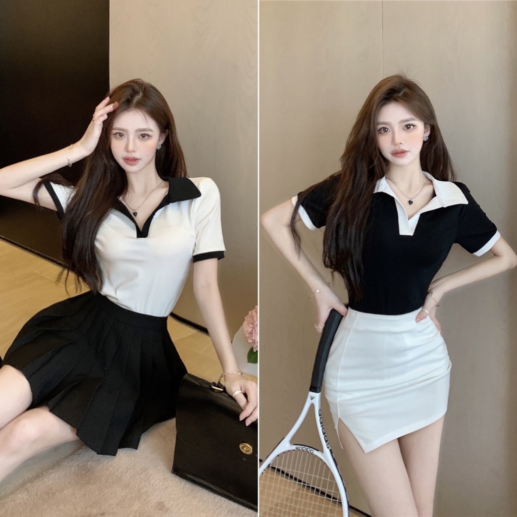 cherryshop พร้อมส่ง เสื้อยืดแฟชั่นผู้หญิง เสื้อยืดครอป ดีไซน์สลิมฟิตสีตัดกันรับซัมเมอร์ ปกคอโปโล สไตล์เกาหลี