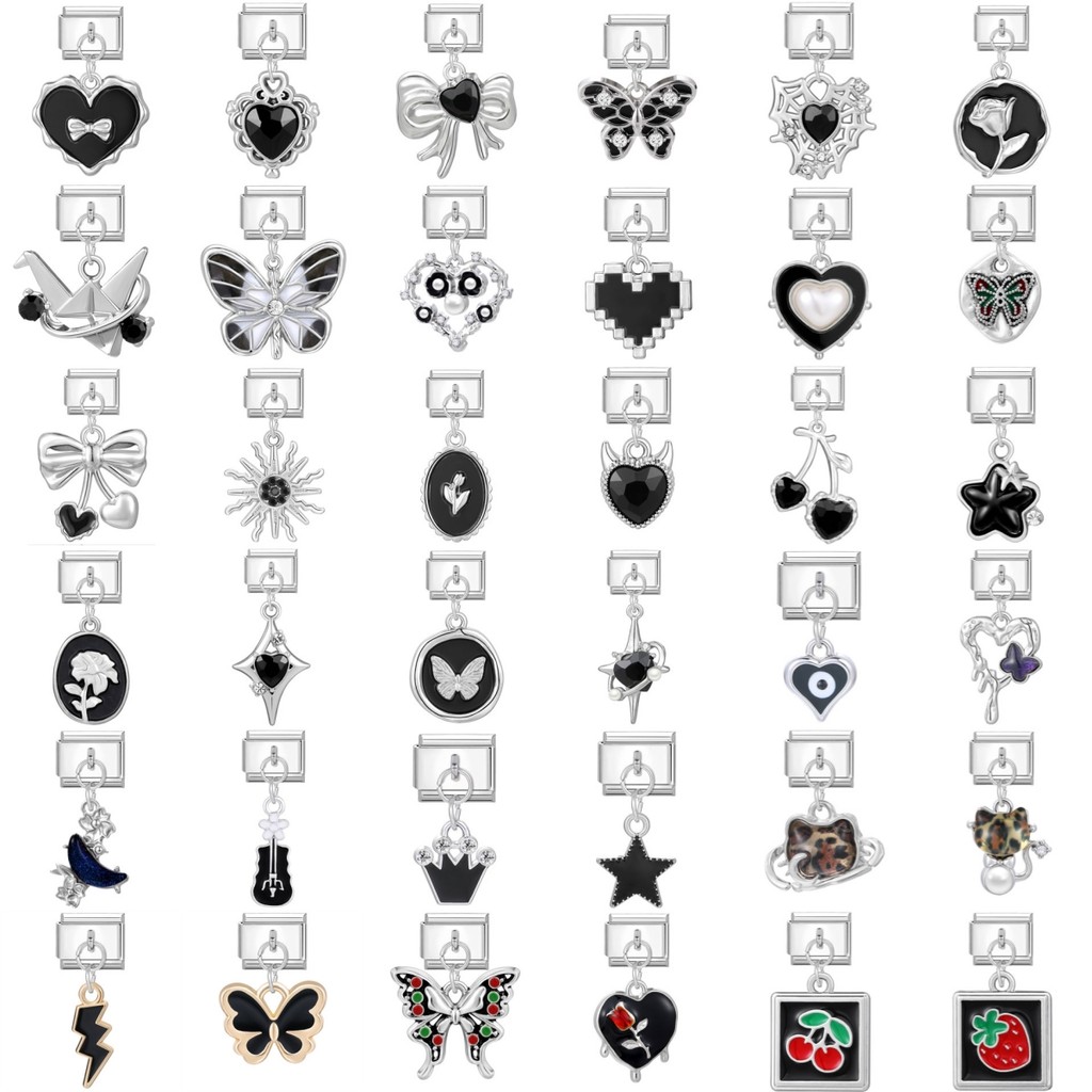 🖤ยอดนิยม Love Unicorn จี้สีดําหัวใจอิตาเลี่ยน Charm Links Fit 9 มม.สร้อยข้อมือสแตนเลสทําเครื่องประดับ