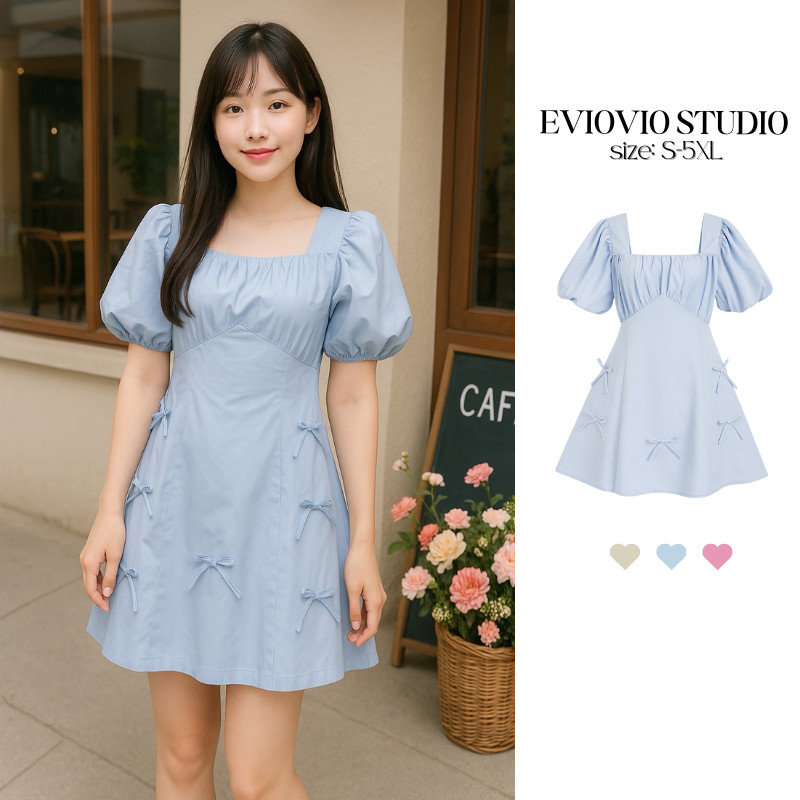 【EVIOVIO】 S-5XL มินิเดรส แขนพัฟตุ๊กตา แต่งโบว์สไตล์เกาหลี น่ารัก เดรสพลัสไซซ์