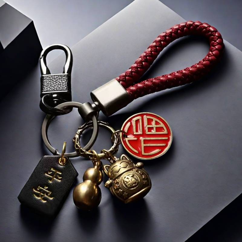 Car Key Pendant Lucky Cat Blessing Card Brass Gourd National Style Distressed Car Key Chain Man Waist Mounted Key Ring Car decorations bQNm