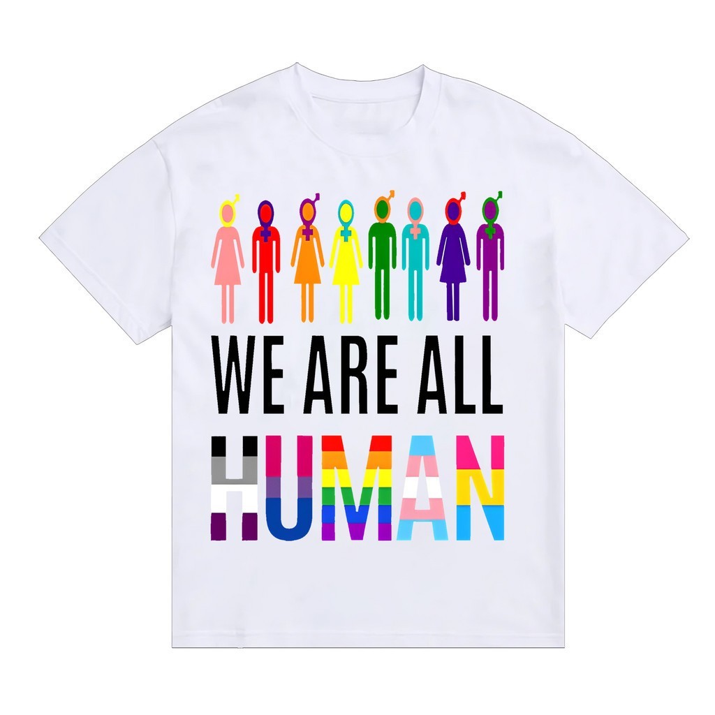 We Are All Human LGBTQ+ เสื้อยืดคอลูกเรือผ้าฝ้ายคุณภาพ ดีไซน์ทันสมัย กับตัวเลขสีสันสดใส