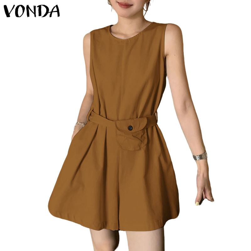 VONDA ชุดจั๊มสูทแขนกุดสไตล์เกาหลี สำหรับผู้หญิง ดีไซน์คอกลม มีกระเป๋า