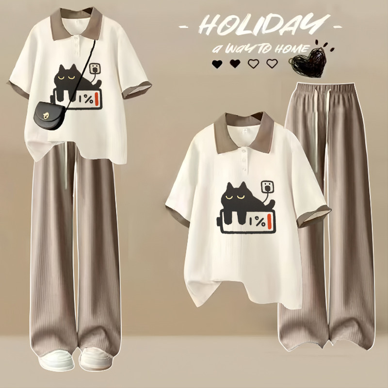 เสื้อโปโลแขนสั้นสำหรับ 여름ญี่ปุ่น พิมพ์การ์ตูน สไตล์เรียบง่าย น่ารัก ไซ즈ใหญ่