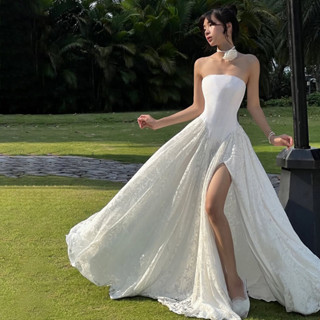 ชุดกระโปรง.Maxi Puss Solid Harajuku แบบslash-คอห่อหน้าอกด้าน…