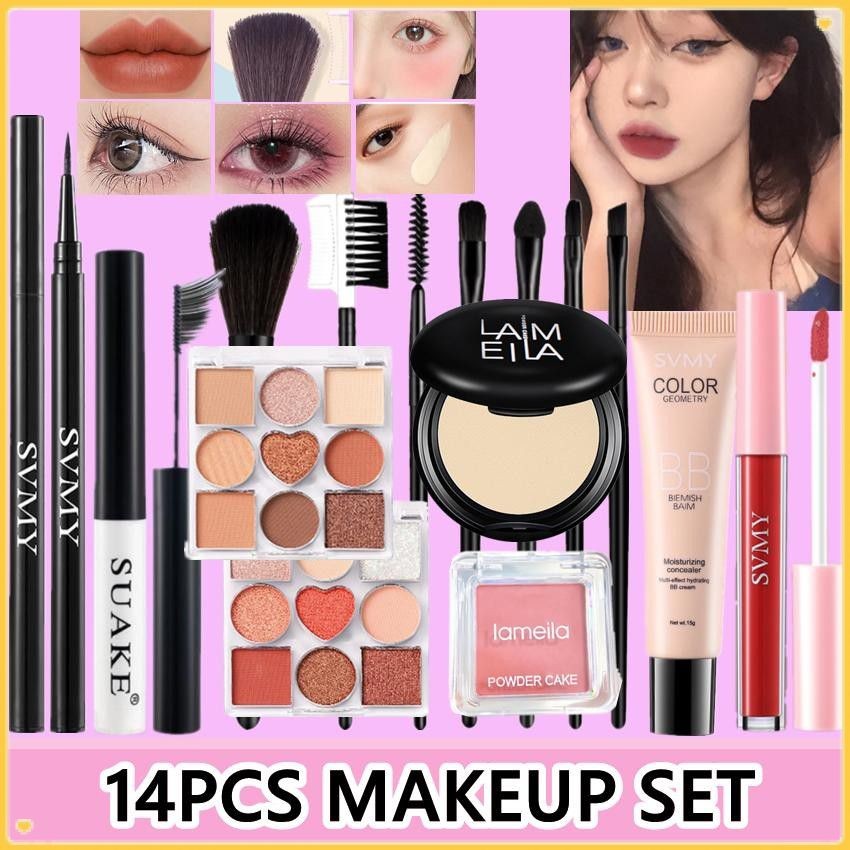 14ชิ้นแต่งหน้าเครื่องสําอางชุด9สีอายแชโดว์จานอายแชโดว์ชุดแป้งกันน้ําอายไลเนอร์มาสคาร่าลิปกลอสบลัช7ชิ้นชุดแปรงแต่งหน้าลิปสติกบีบีครีมแต่งหน้าติดทนนานส